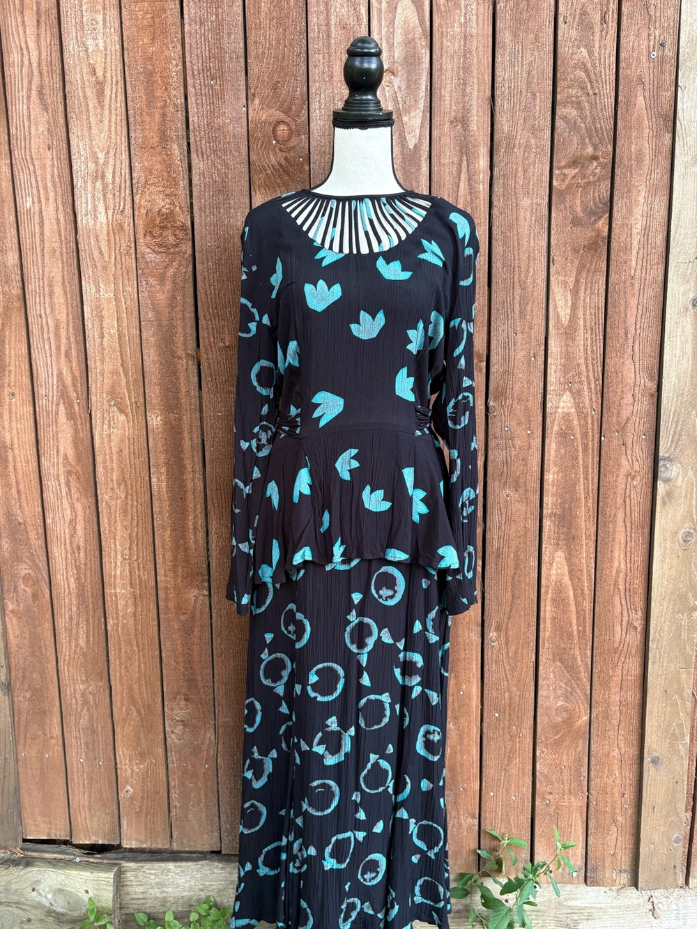Vintage Carole Little Black and Teal Tulip Print Peplum Maxi Dress